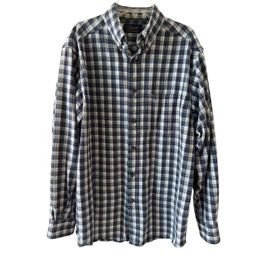 Roundtree & Yorke Casuals Portuguese Flannel Shirt Mens Medium Navy Blue Plaid